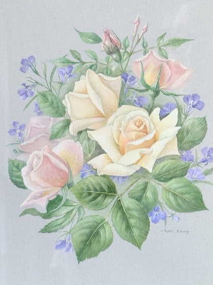 Framed pencil drawing of pale yellow and blush roses with green leaves and purple flowers on a soft grey background, signed by artist Pam Ford.