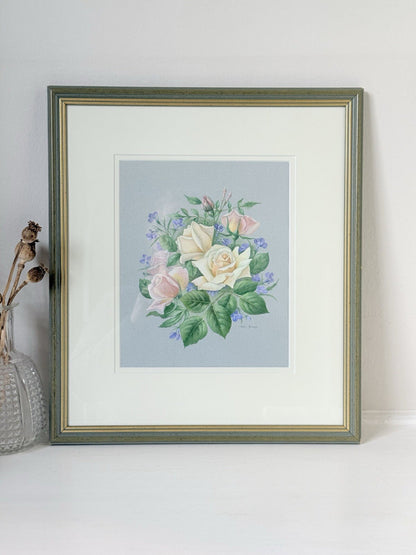 Framed pencil drawing of pale yellow and blush roses with green leaves and purple flowers on a soft grey background, signed by artist Pam Ford.