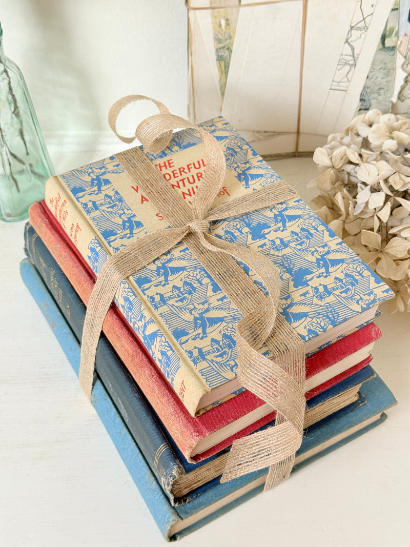 Stack of cloth bound vintage books in blue red and tan tied with jute ribbon styled with dried eucalyptus