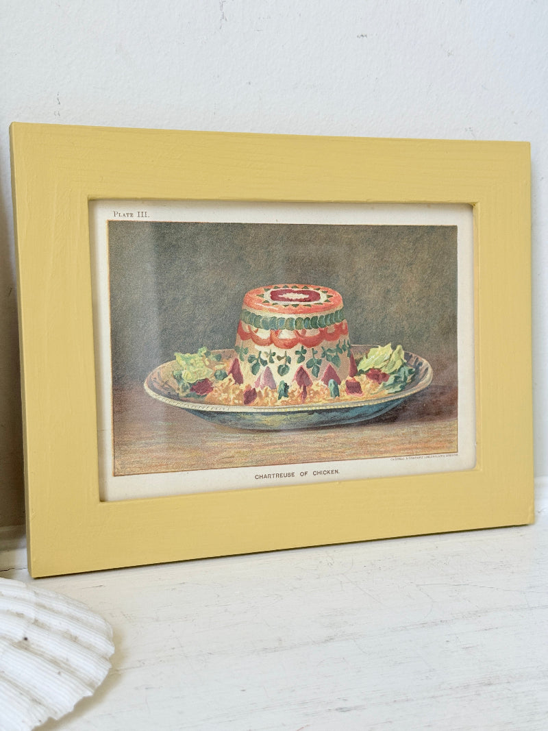 Framed antique Victorian cookery illustration from Cassell’s New Universal Cookery Book showing Chartreuse of Chicken