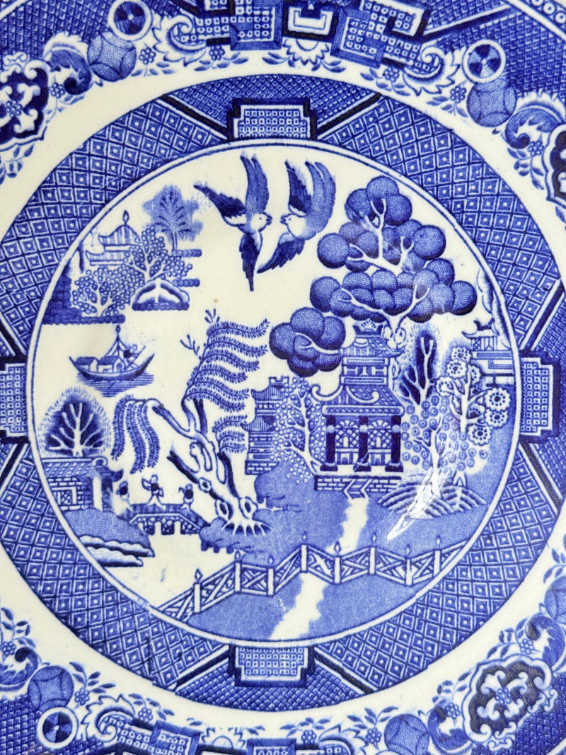 Blue Willow serving plate with cobalt blue transfer pattern shown on a white surface.