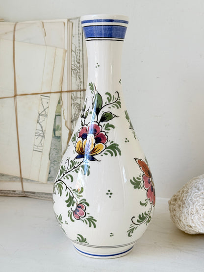 Dutch Delft polychrome vase by De Delftse Pauw hand painted with a peacock and flowers on white