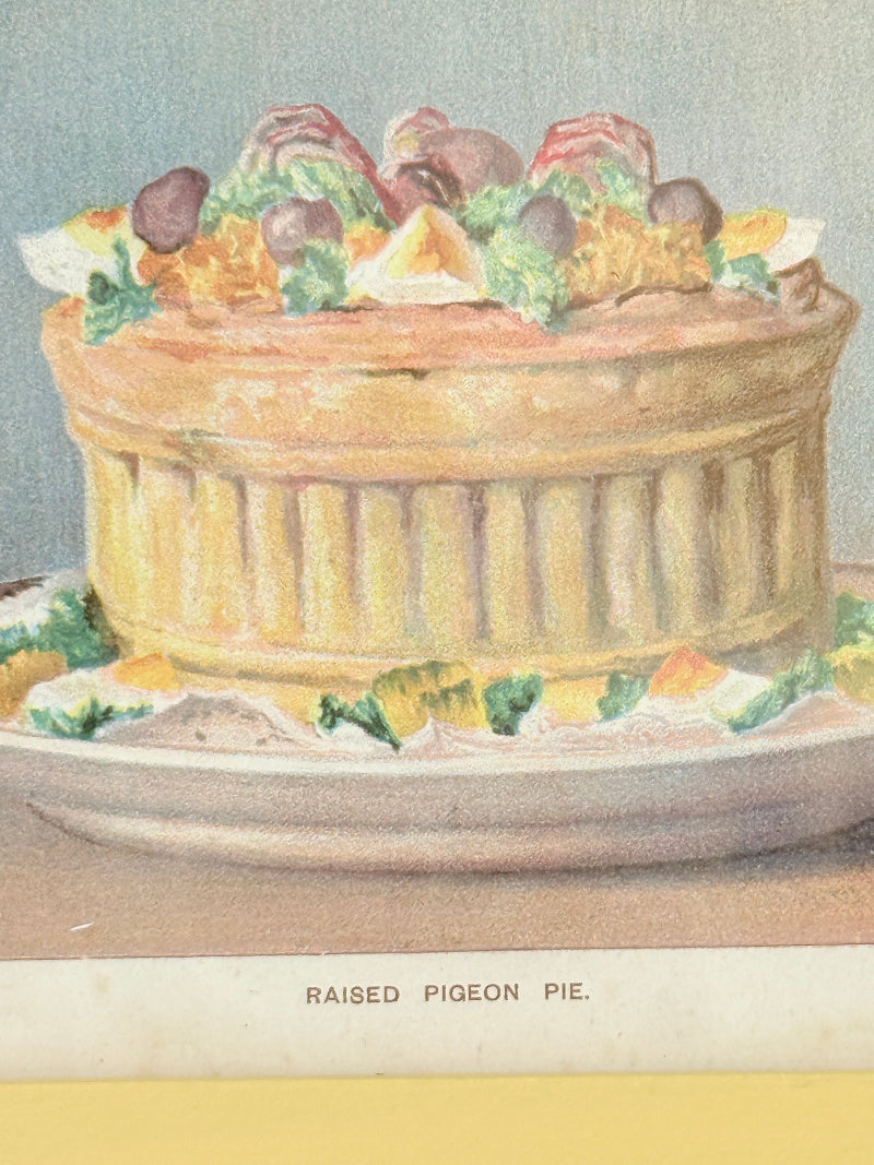 Framed antique Victorian cookery illustration from Cassell’s New Universal Cookery Book showing Raised Pigeon Pie