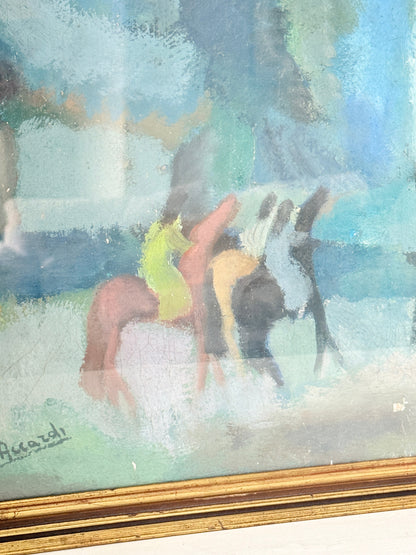 An impressionist-style painting depicting figures in a landscape, with visible canvas texture, a gold-toned frame at the bottom, and a signature in the lower left corner.