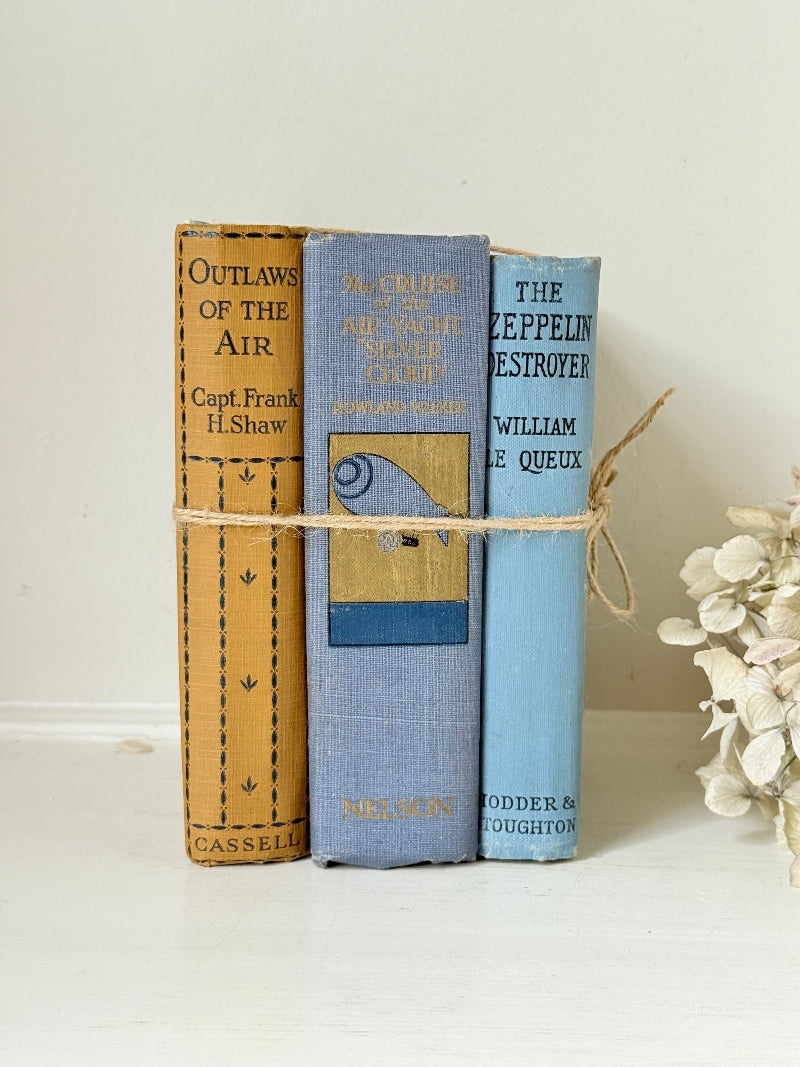 Vintage decorative book bundle in blue and ochre tied with twine, photographed on a white surface