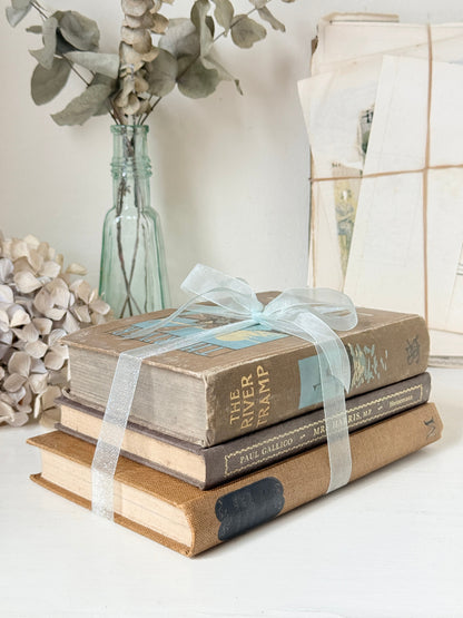 Bundle of vintage hardback books in brown, tan and navy tied with a pale blue satin ribbon for shelf and table styling