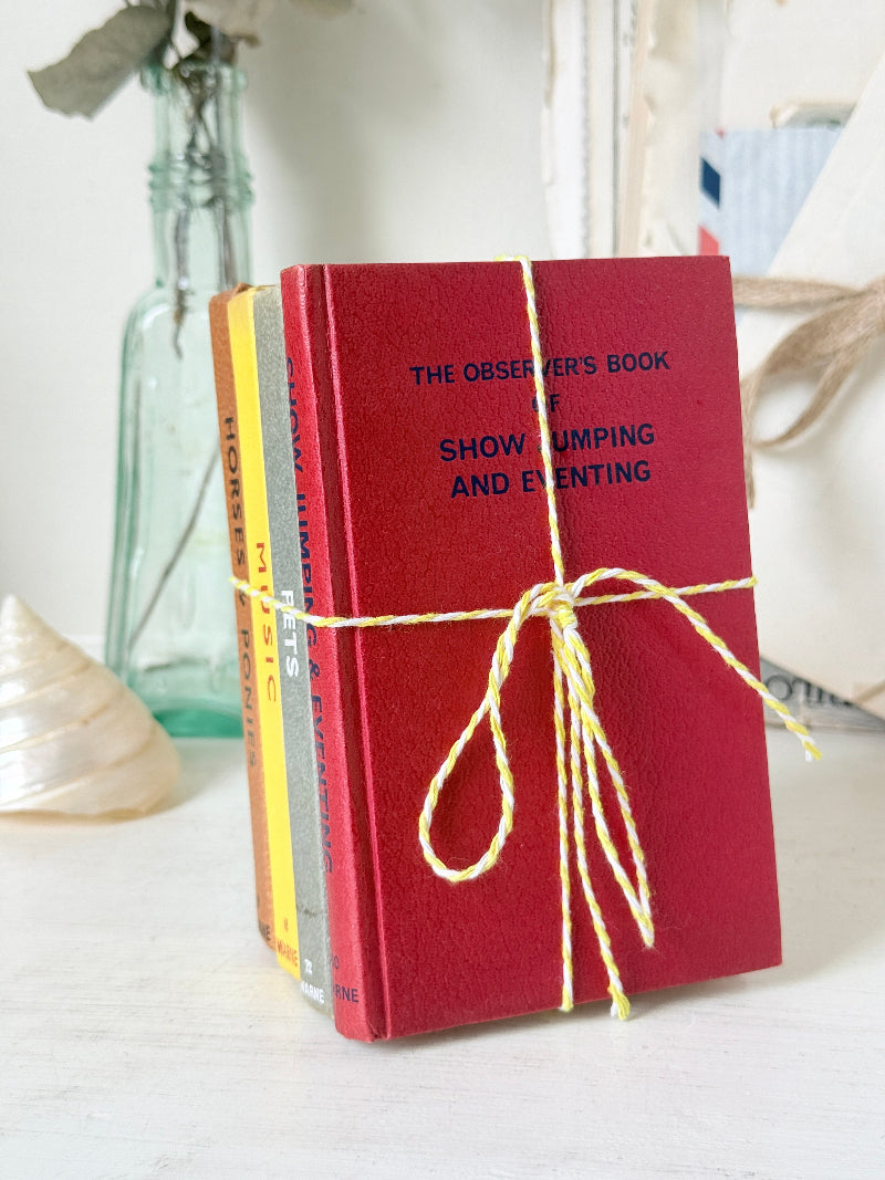 A set of three hardcover books tied together with yellow twine, standing upright on a white surface. The front book is red with blue text reading &