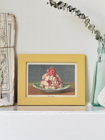 Framed antique Victorian cookery illustration from Cassell’s New Universal Cookery Book showing Rose Meringue dessert