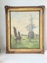 Vintage oil painting of man o’ war sailing ship with fishing boats in gilt frame