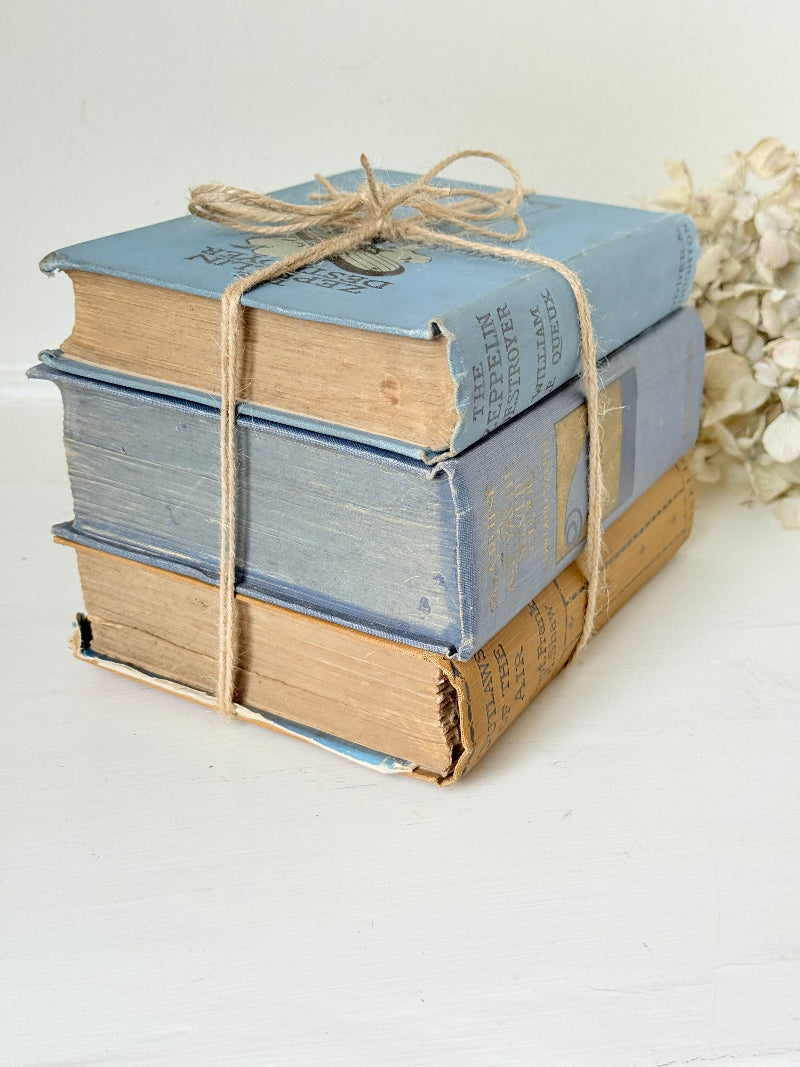 Vintage decorative book bundle in blue and ochre tied with twine, photographed on a white surface