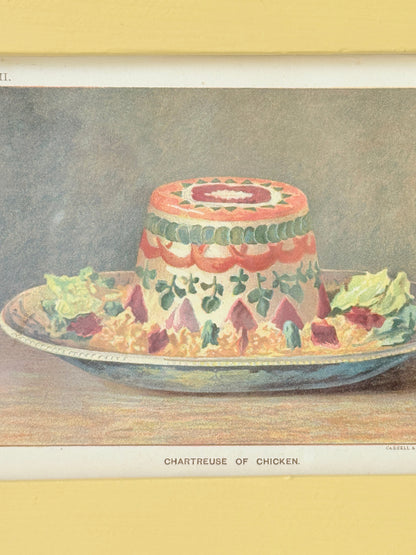 Framed antique Victorian cookery illustration from Cassell’s New Universal Cookery Book showing Chartreuse of Chicken