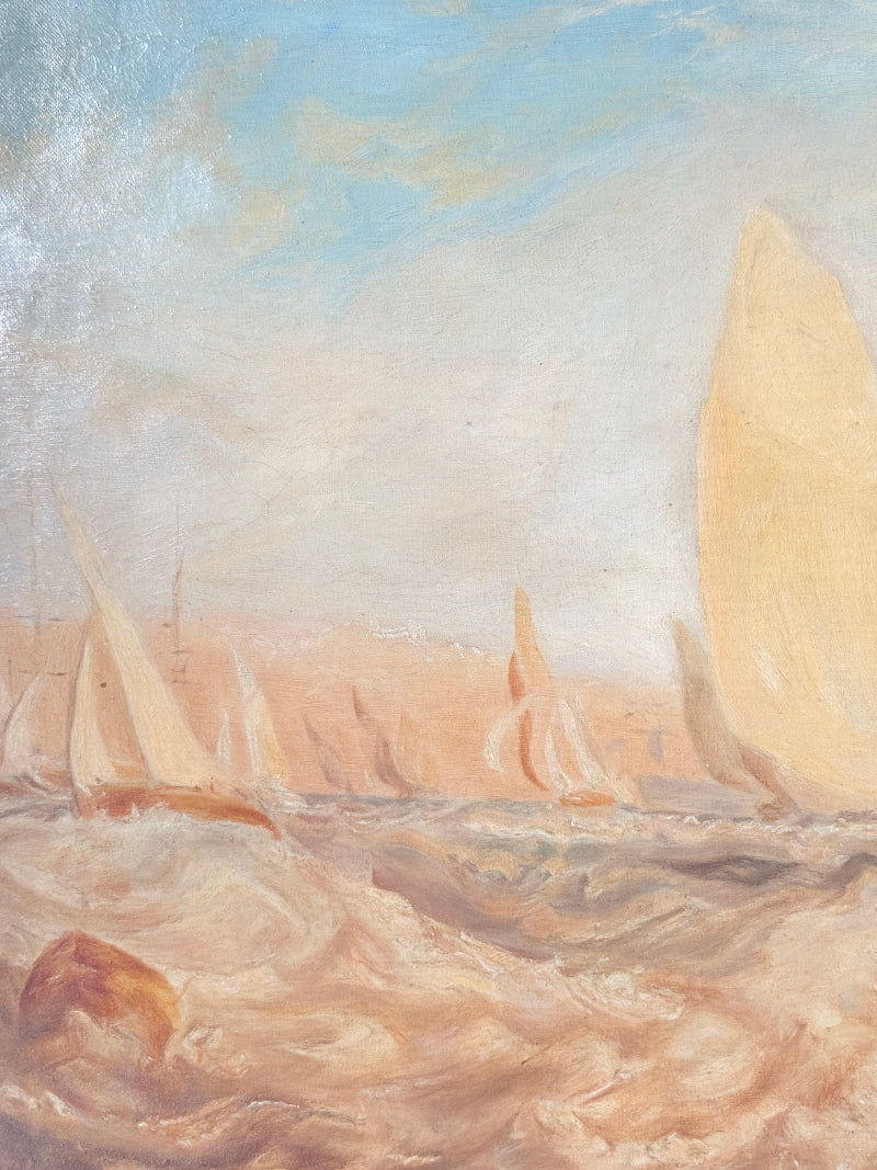 Impressionist-style painting of multiple sailboats on choppy seas under a pale blue and warm beige sky.