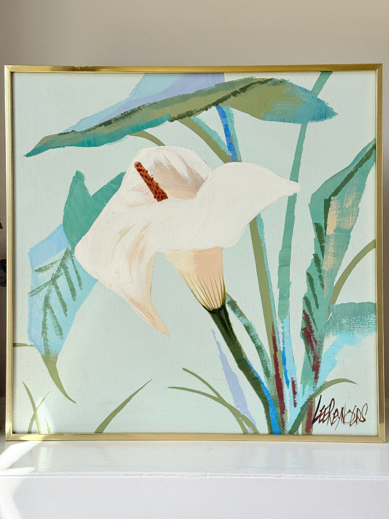 Lee Reynolds Vanguard Studios calla lily painting in aqua and green, gold frame, mid century modern