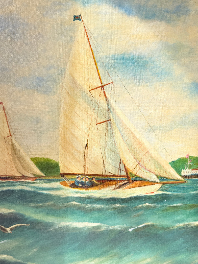 A vintage-style painting of a wooden sailboat with large white sails racing on blue-green water under a cloudy sky, with another sailboat and shoreline visible in the background.