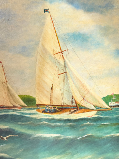 A vintage-style painting of a wooden sailboat with large white sails racing on blue-green water under a cloudy sky, with another sailboat and shoreline visible in the background.