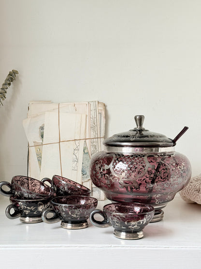 Vintage amethyst glass punch set with silver overlay decoration, lidded bowl, ladle and 6 matching cups