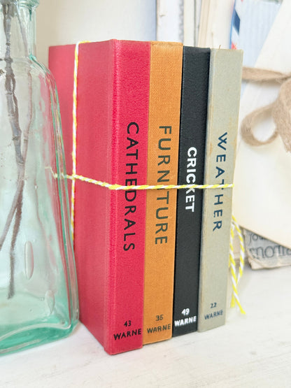 Four decorative hardcover books standing upright on a white surface, tied together with yellow string. The spines read CATHEDRALS, FURNITURE, CRICKET, and WEATHER, with WARNE printed at the bottom.