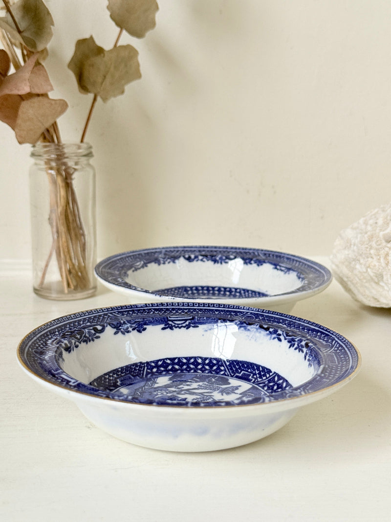 Pair of vintage blue and white Blue Willow snack bowls with patterned border photographed on a white surface