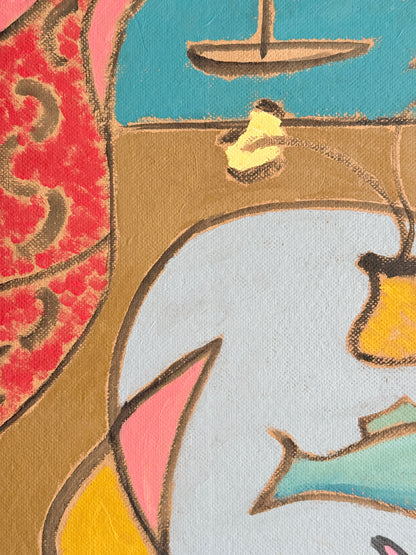 St Ives School mixed media painting on board of semi abstract objects on a table by a coastal window in a grey frame