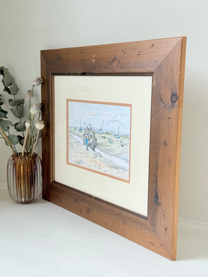 Vintage pen and watercolour coastal scene with horse and cart in rustic wood frame, signed, on white surface.