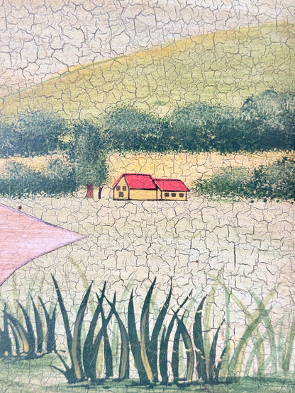 A painted landscape artwork showing a small yellow house with a red roof in a pale field, with trees, a pink path, and dark green reeds in the foreground. The entire scene is covered in a crackled texture, suggesting an expressive or textured painting.