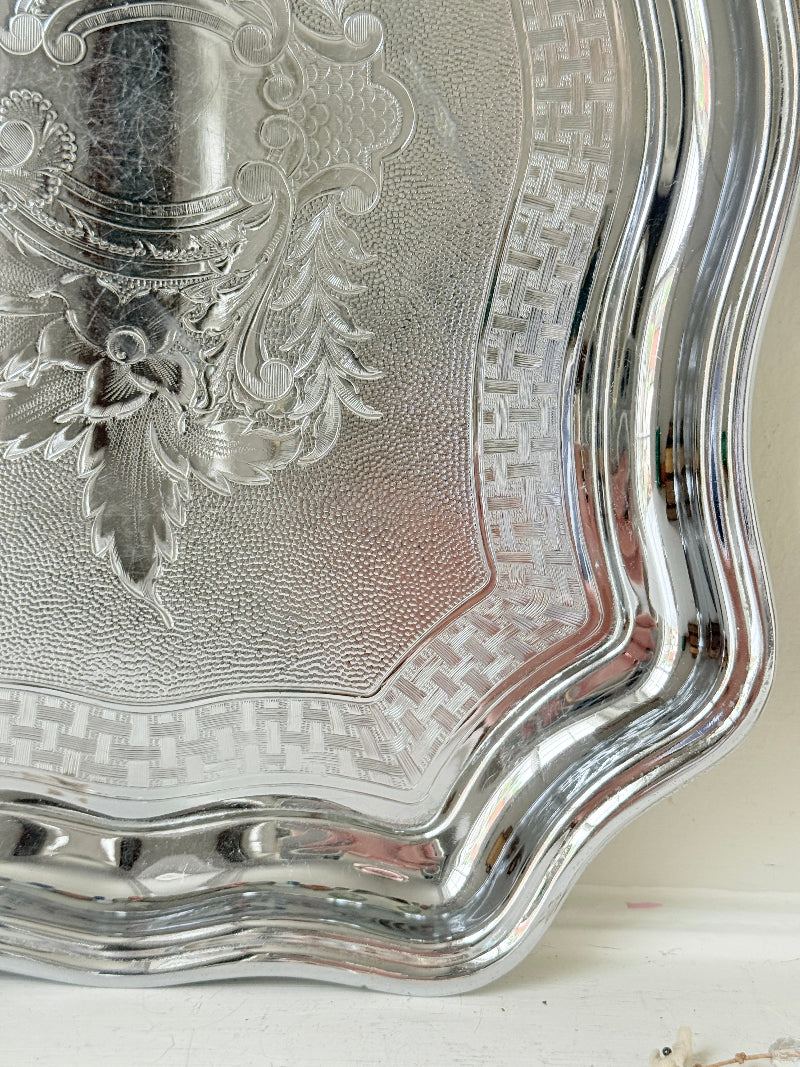 Vintage Swan Brand Cromalin chromium plated serving tray made in England with shaped edge and embossed floral detail
