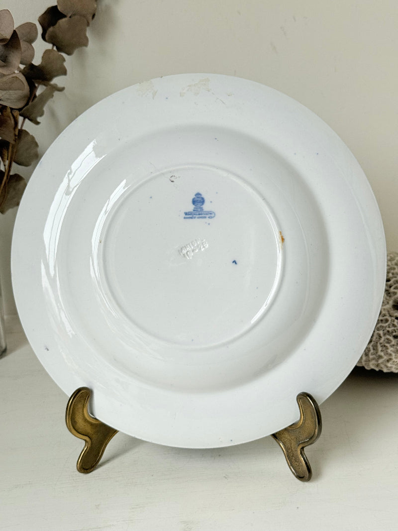 Minton Blue Willow serving dish dated 1928 with blue transfer pattern shown on a white surface.