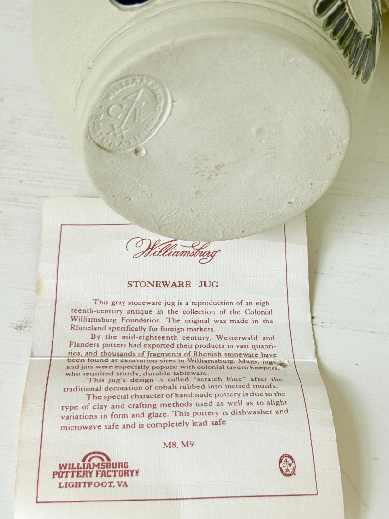 Williamsburg Pottery salt glaze stoneware jug with cobalt blue scratch decoration, handle and original certificate