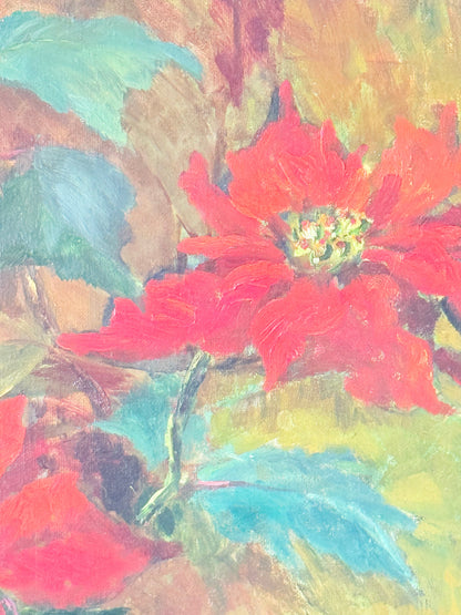 Poinsettias No 1 oil painting by Muriel Hester Broughton in red and green in a pale gilt frame