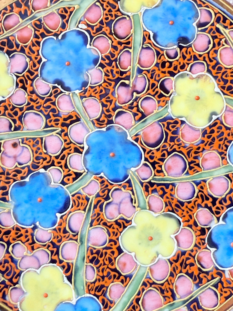 Antique Japanese Aoki Brothers platter with colourful Imari style floral pattern photographed on a white surface
