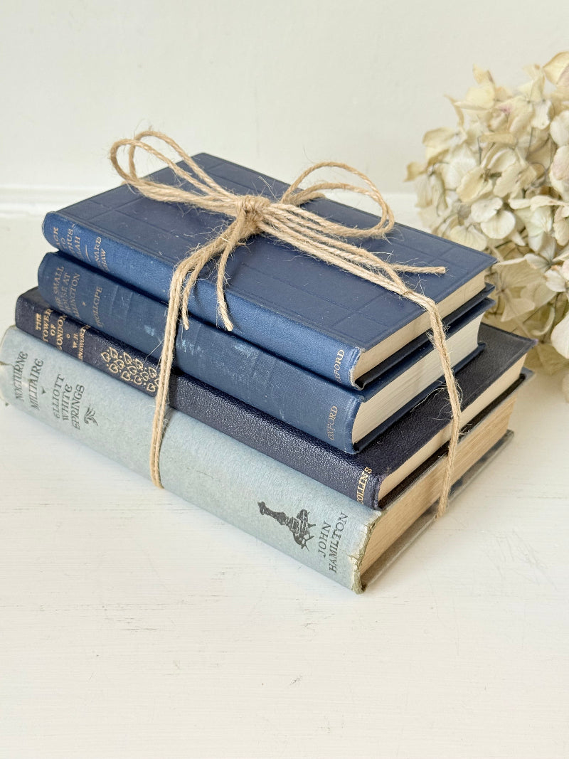 Vintage decorative book bundle in navy, grey, and cream tied with twine, photographed on a white surface