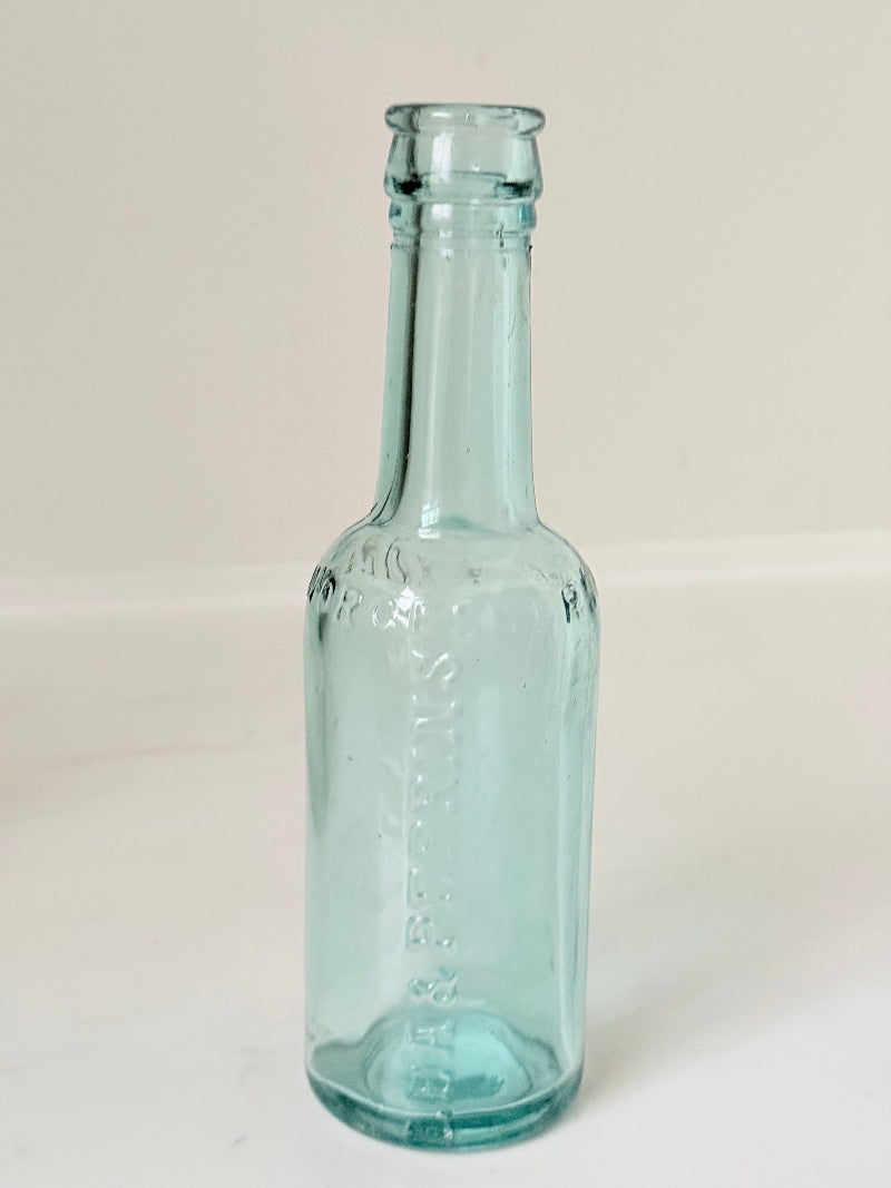 Trio of antique aqua glass bottles with embossed lettering, photographed on a white surface with dried stems