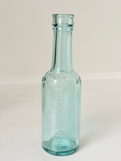 Trio of antique aqua glass bottles with embossed lettering, photographed on a white surface with dried stems
