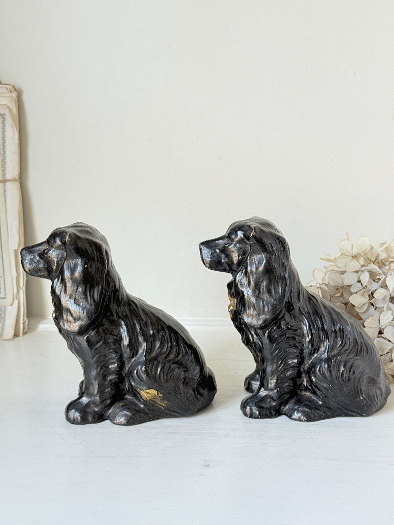 A pair of black ceramic dog figurines shaped like long-haired sighthounds, sitting on a white surface against a white wall.