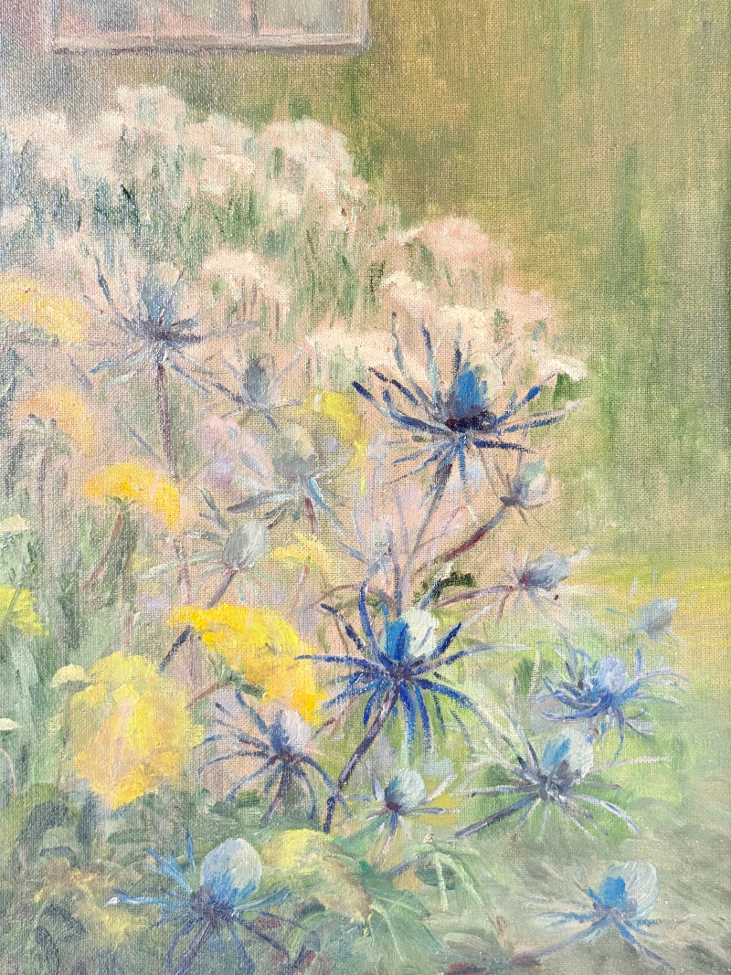 Framed floral oil painting on board by Muriel Hester Broughton, 1970, shown on a white surface with decorative carved frame
