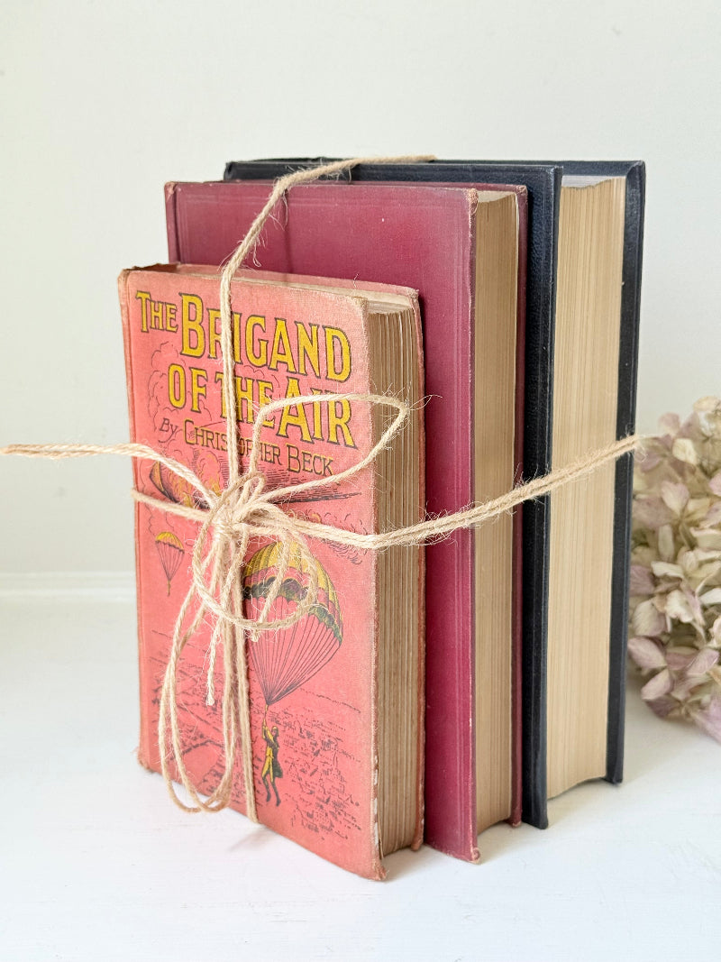 Vintage decorative book bundle in red and black with gilt detailing tied with twine, photographed on a white surface