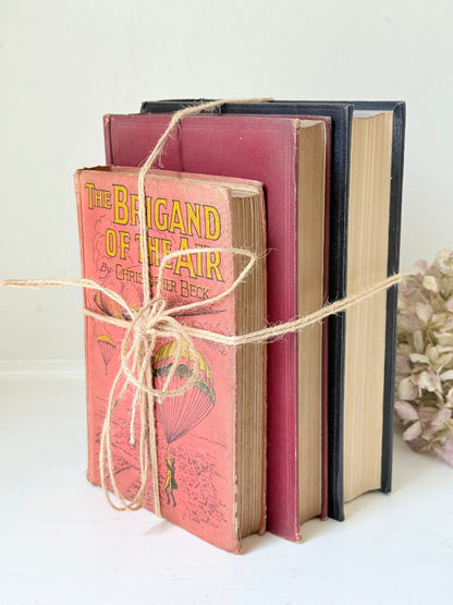 Vintage decorative book bundle in red and black with gilt detailing tied with twine, photographed on a white surface