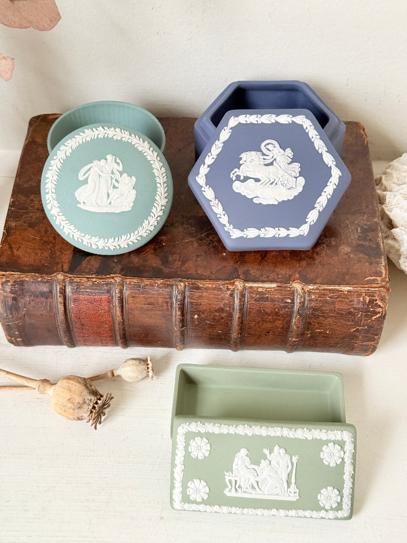 
Trio of vintage Wedgwood Jasperware lidded pots in Portland blue and sage green, featuring neoclassical white relief figures, styled with dried stems on a pale surface.