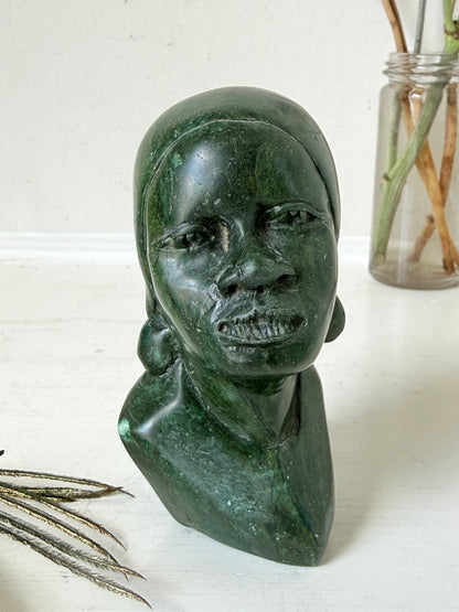Barnabas Fombe verdite Shona bust of a woman with a head wrap, signed, from Zimbabwe
