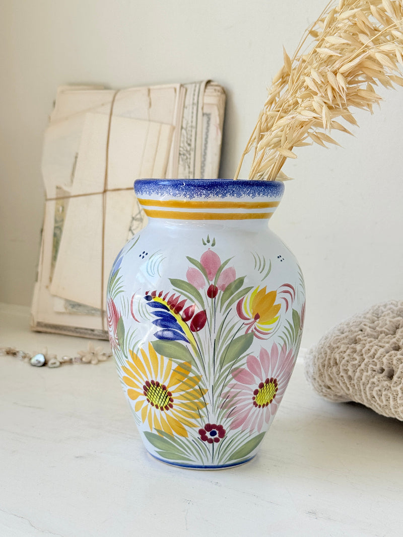 Vintage Henriot Quimper faience vase with hand painted floral decoration, blue rim and colourful French folk pottery style