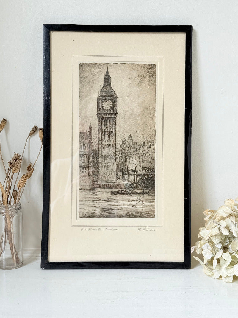 Vintage framed print of Big Ben in London, black frame, photographed on white surface with dried flowers