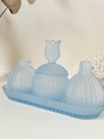 Vintage Powder Blue Frosted Glass Dresser Set with Tray