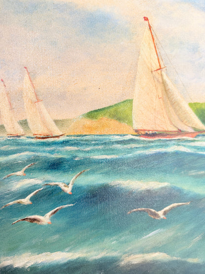 A painted seascape showing several sailboats on blue-green ocean water with flying seagulls and a pale sky above.