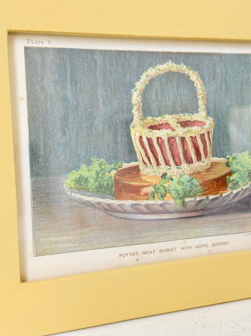 Framed antique Victorian cookery illustration from Cassell’s New Universal Cookery Book showing Potted Meat Basket with Aspic Border