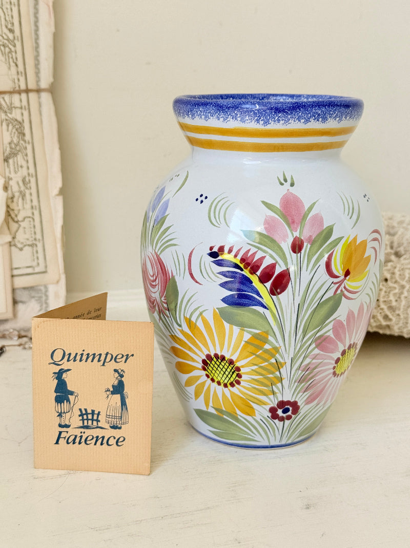 Vintage Henriot Quimper faience vase with hand painted floral decoration, blue rim and colourful French folk pottery style
