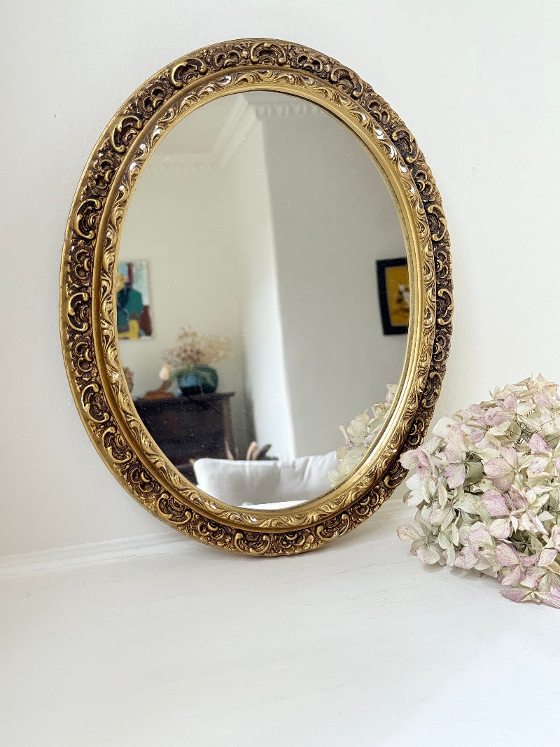 vintage gold oval mirror with ornate gilt painted frame