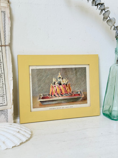 Framed antique Victorian cookery illustration from Cassell’s New Universal Cookery Book showing Sweetbread Cutlets with Tomato Sauce