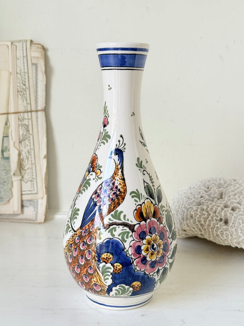 Dutch Delft polychrome vase by De Delftse Pauw hand painted with a peacock and flowers on white
