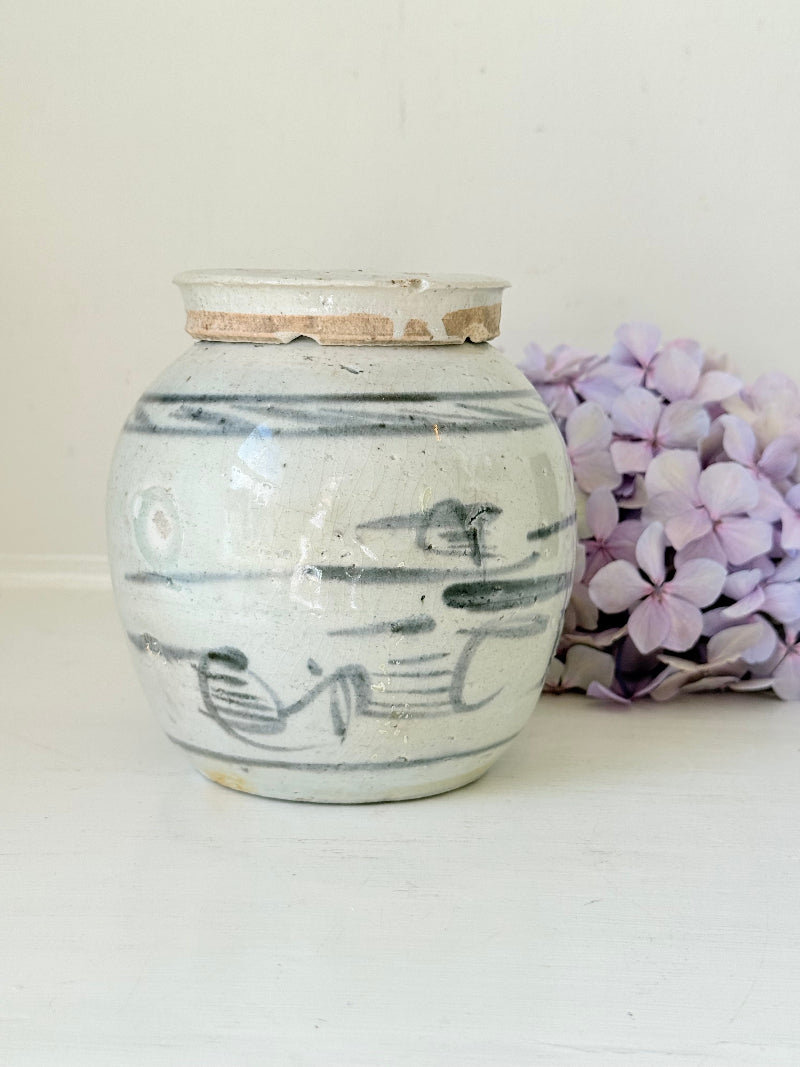 Antique Chinese ginger jar with blue brushwork, photographed on a white surface with vintage books and hydrangeas

