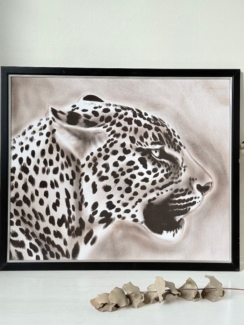 Original oil painting of a leopard profile, framed and displayed against a white background.